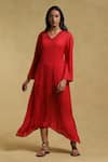 Buy_Ritu Kumar_Red Crimp Satin V Neck Asymmetric Kurta _at_Aza_Fashions