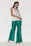 Buy_FEBo6_Green Silk Plain Saturday Bell Bottom Trouser  _at_Aza_Fashions