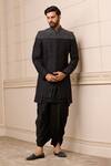 Buy_Tarun Tahiliani_Black Dhoti  Cotton Satin Embroidery Sequin Glint Textured Sherwani Set _at_Aza_Fashions