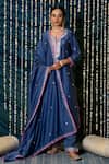 Buy_Maison Shefali_Blue Chanderi Silk, Cotton Embroidery Split V-neck Saanjh Kurta Set _at_Aza_Fashions