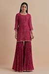 Buy_Ikshita Choudhary_Magenta Chanderi Printed Dot Round Straight Kurta With Gharara_at_Aza_Fashions