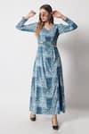 Buy_Soniya G_Blue Velvet Printed Moroccan V Neck Jumpsuit _at_Aza_Fashions