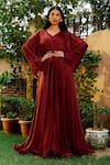 Buy_OMANA BY RANJANA BOTHRA_Maroon Satin Sequin V Neck Brick Flared Gown _at_Aza_Fashions