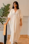 Buy_Vanaras_Off White Organic Cotton Stripe V Neck Lyla Flared Kaftan Gown  _at_Aza_Fashions