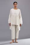 Buy_Kora_Off White Cotton Mirrors Round Neck Embroidered Top And Pant Set _at_Aza_Fashions