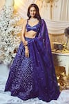 Shop_Varun Chakkilam_Blue Silk Organza Embroidered Tonal Glass Beads V Threadwork Bridal Lehenga Set _at_Aza_Fashions