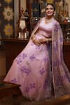 Buy_Meghstudio_Purple Pure Organza Hand Painted Dogwood And Embroidered Lehenga Set  _at_Aza_Fashions