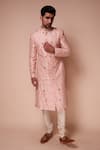 Tisa - Men_Pink Sherwani: Raw Silk Embroidered Thread Iris Flower Pattern Set For Men_Online_at_Aza_Fashions