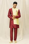 Buy_Aryavir Malhotra_Maroon Art Silk Printed Geometric Overlapped Panelled Sherwani Set _at_Aza_Fashions