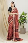 Buy_Surendri_Red Kotadoria Printed Floral V Neck Saree With Embroidered Blouse _at_Aza_Fashions