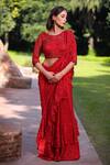 Buy_Tarini Vij_Red Blouse Net And Satin Embroidery Periwinkle Ruffle Pre-pleated Saree With _at_Aza_Fashions