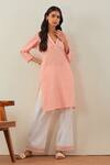 Buy_The Indian Cause_Peach Cotton Embroidery Thread V Neck Kali Kurta And Palazzo Set _at_Aza_Fashions