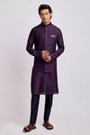 Buy_BUBBER COUTURE_Wine Flat Raw Silk Printed Diametric Geometric Bundi _at_Aza_Fashions