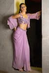 Buy_Richa Jaisinghani Label_Purple Georgette Embroidery Beads Scoop Short Cape And Draped Skirt Set  _at_Aza_Fashions