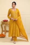 Buy_Esha Koul_Yellow Georgette Embroidered And Embellished Chikankari Notched Kurta Pant Set _at_Aza_Fashions