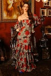 Buy_SANAM_Multi Color Georgette Satin Heline Pre-draped Ruffle Saree And Blouse Set_at_Aza_Fashions