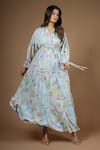 Buy_Vana Ethnics_Blue Viscose Sequins, Cut Work V-neck Vintage Botanical Print Gathered Dress _at_Aza_Fashions