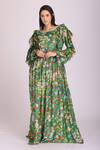 Buy_Alpona Designs By Soham Acharya_Green Cotton Silk Floral Boat Print Gown _at_Aza_Fashions
