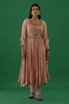 Buy_5elements_Pink 100% Cotton With Silk Brocade Yoke Metal Peacock Anarkali Set _at_Aza_Fashions