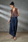 Buy_Aditi Somani_Blue Jacket Modal Satin, Jumpsuit Silk Suede Pleated Draped With Embroidered _at_Aza_Fashions