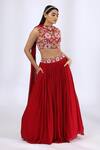 Buy_Neha Gursahani_Red Georgette Embroidery Floral V Neck Blouse With Lehenga Set _at_Aza_Fashions