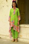 Buy_Swati Vijaivargie_Green Silk Striped Pattern Round Khus Asymmetric Tunic _at_Aza_Fashions