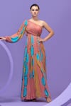 Buy_Nautanky_Multi Color Chiffon Printed Abstract One Shoulder Artistic Crinkled Gown _at_Aza_Fashions