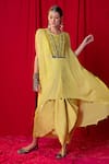 Buy_Enech_Yellow Shimmer Georgette Embroidered Kimono Tunic And Draped Skirt Set  _at_Aza_Fashions