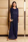 Buy_B'Infinite_Blue Crepe V Neck Draped Gown _at_Aza_Fashions