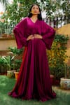 Buy_OMANA BY RANJANA BOTHRA_Purple Satin Sequin V Neck Mulburry Flared Gown _at_Aza_Fashions