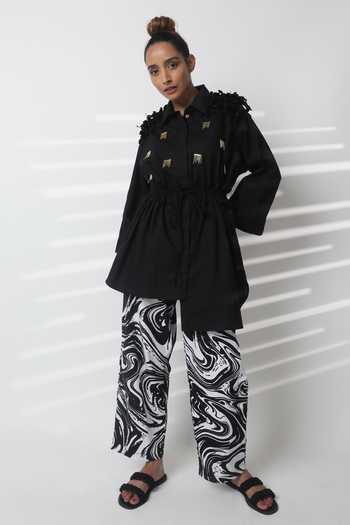 Buy_Studio Moda India_Black Cotton Embroidery Collared Sway Work Drawstring Shirt _at_Aza_Fashions