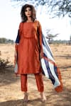 Buy_The Home Affair_Orange Cotton Silk Embroidered Thread Work Boat Straight Kurta Pant Set _at_Aza_Fashions