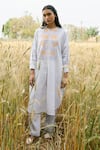 Buy_Ayaka_Blue Cotton Embroidery Round Neck Checkered Hand Block Print Tunic _at_Aza_Fashions