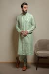 Buy_Darshika Menswear_Blue Cotton Silk Plain Asymmetric Pintuck Kurta Set _at_Aza_Fashions