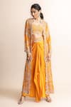 Buy_Nupur Kanoi_Orange Satin Hand Embroidery Mirror Work Long Jacket And Skirt Set  _at_Aza_Fashions