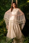 Buy_Pallavi Poddar_Ivory Dupion Embroidery Thread Round Rose Cape And Tiered Skirt Set _at_Aza_Fashions