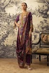Buy_Kalista_Purple Crepe, Silk Embroidery, Cut Work Riah A-line Floral Print Kurta Set _at_Aza_Fashions