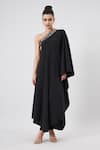 Buy_Aakaar_Black Modal Embroidery Asymmetric One Shoulder Kaftan And Pant Set _at_Aza_Fashions