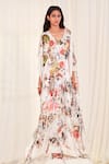 Buy_AK-OK_White Silk Print Ostrich V Neck Floral Kaftan  _at_Aza_Fashions