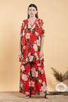 Buy_Divi By Sonal Khandelwal_Red Georgette, Bamboo, Viscose V-neck Floral Print Flared Kurta And Palazzo Set _at_Aza_Fashions