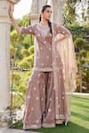 Buy_Mehak Murpana_Brown Dupion Crepe Embroidery Floral Leaf Neck Mirror Kurta Sharara Set _at_Aza_Fashions