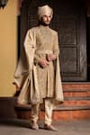 Buy_Nitika Gujral_Gold Achkan: Raw Silk Embroidered Dori Antique Set For Men_at_Aza_Fashions