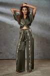 Buy_Aditi Somani_Green Silk Suede Aari, Tassels V Neck Embroidered Crop Top And Pant Set _at_Aza_Fashions