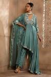 Buy_Omana By Ranjana Bothra_Blue Silk, Chiffon, Organza, Crepe Embroidery Asymmetric Anarkali Sharara Set _at_Aza_Fashions