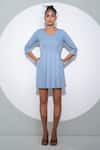 Buy_Pocketful Of Cherrie_Blue Crepe Plain V Neck Three Quarter Sleeve Box Pleated Dress _at_Aza_Fashions