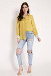 Buy_Bha sha_Yellow Muslin Printed Bandhani Collared Neck Zein Shirt _at_Aza_Fashions