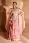 Buy_Bhumika Sharma_Pink Organza Sequins, Pearls Scoop Neck Printed And Embroidered Cape Lehenga Set _at_Aza_Fashions