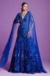 Buy_PARUL GANDHI_Blue Mesh With Silk Underlining Embroidered Crystal Moonlight Cape Sleeve Gown _at_Aza_Fashions