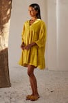 Buy_Kharakapas_Yellow Mul Cotton V Neck Marigold Tiered Dress  _at_Aza_Fashions