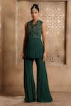 Buy_OMANA BY RANJANA BOTHRA_Emerald Green Peplum - Crinkled Pankhi Zardozi Top And Bell Bottom Pant Set _at_Aza_Fashions